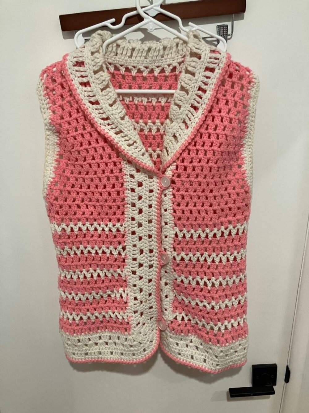 Vintage Handmade Crochet Vest Pink White Shawl Collar Granny Stitch Button Front